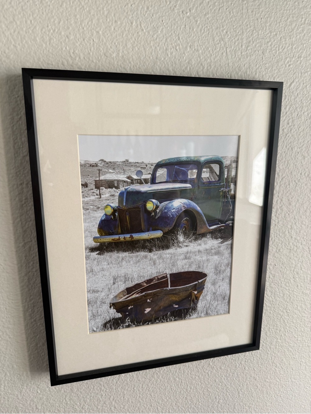 Framed Vintage Truck Wall Art - Black Frame, Blue & Green Print